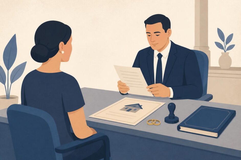 Cónyuge y notario revisan documentos de propiedad para formalizar una autorización.