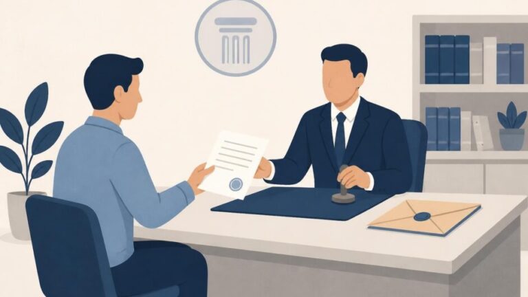 Persona entrega un documento a un notario en una oficina mientras un sobre certificado permanece sobre el escritorio.