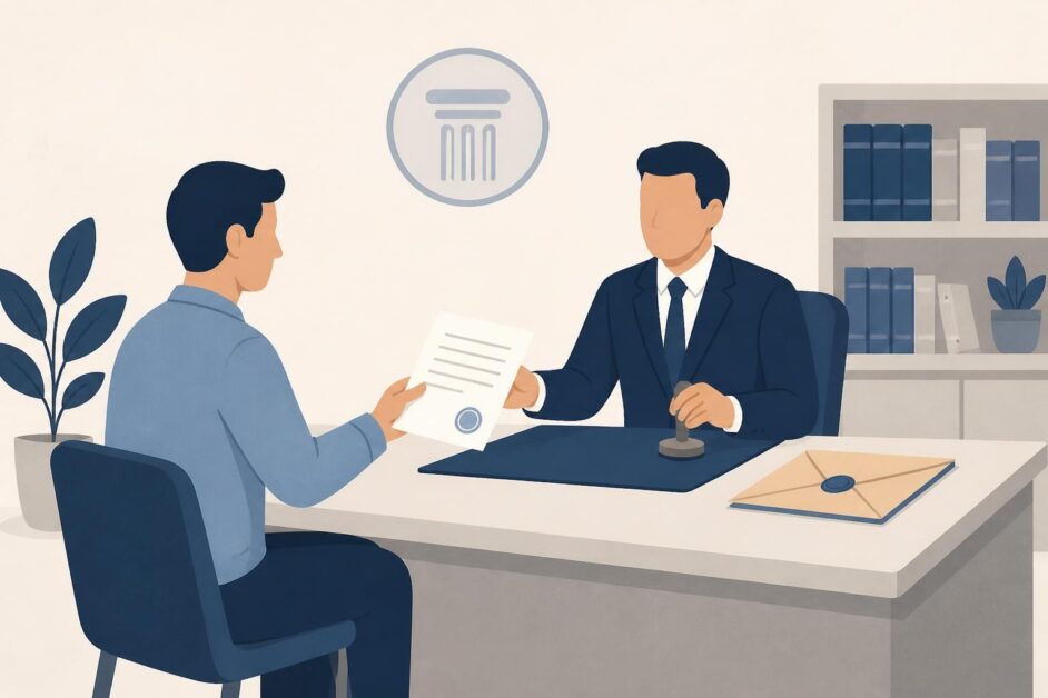 Persona entrega un documento a un notario en una oficina mientras un sobre certificado permanece sobre el escritorio.