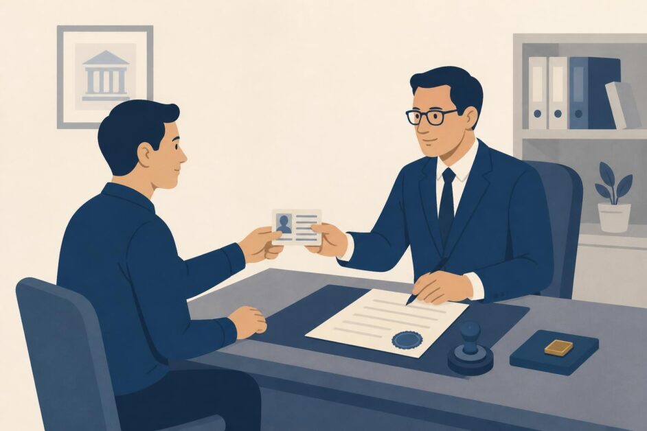 Persona presenta su identidad ante un notario mientras se documenta la entrega de un objeto.