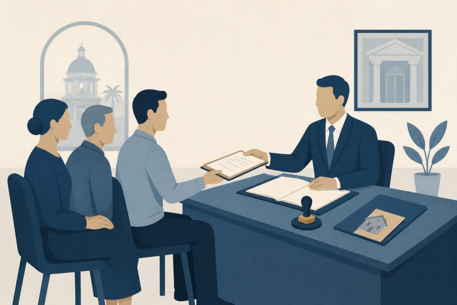 Persona presenta documentos a un notario mientras dos testigos esperan en una oficina.
