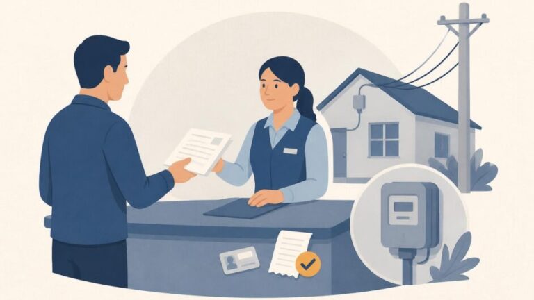 Persona presenta documentos en una oficina de electricidad mientras se representa una vivienda conectada a la red eléctrica.