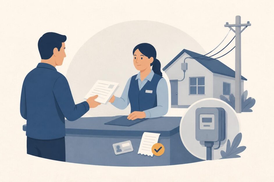 Persona presenta documentos en una oficina de electricidad mientras se representa una vivienda conectada a la red eléctrica.