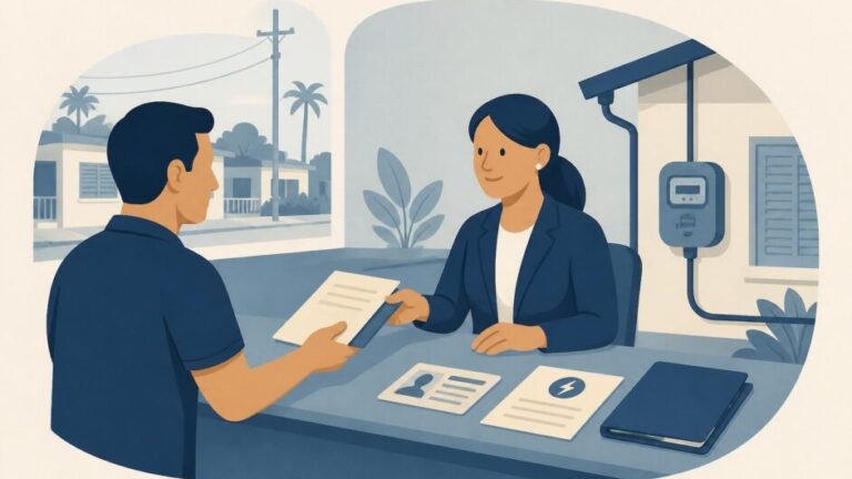 Persona presenta documentos en una oficina para cambiar el titular de la electricidad de una vivienda.