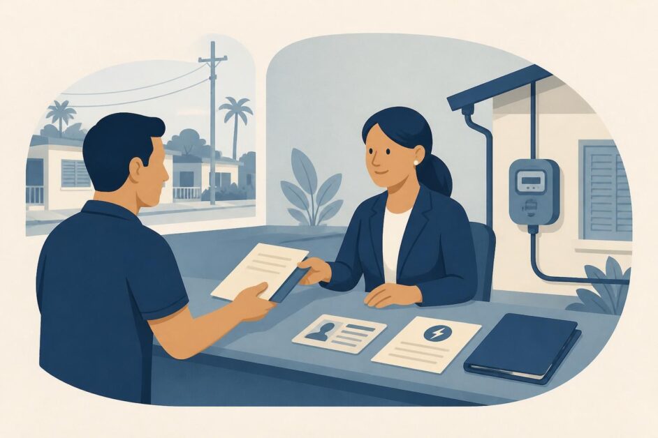 Persona presenta documentos en una oficina para cambiar el titular de la electricidad de una vivienda.