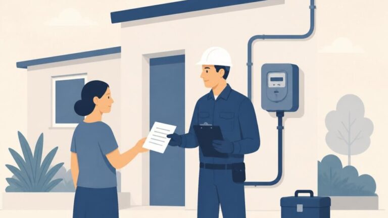 Técnico revisa un contador eléctrico exterior mientras una residente presenta una solicitud frente a su vivienda.