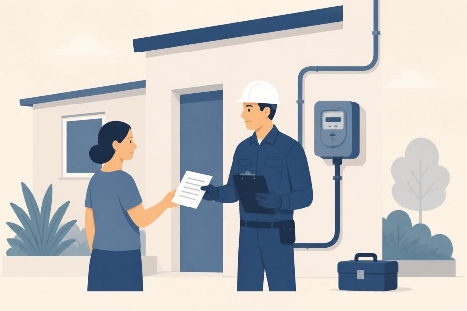 Técnico revisa un contador eléctrico exterior mientras una residente presenta una solicitud frente a su vivienda.