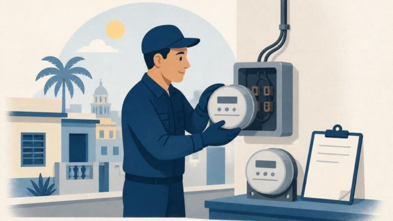 Técnico sustituye un contador eléctrico en la pared exterior de una vivienda.