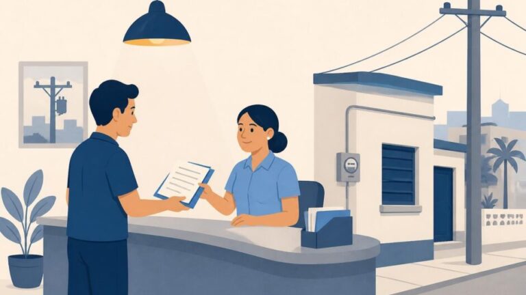 Persona entrega documentos en una oficina para solicitar la conexión eléctrica de una vivienda.