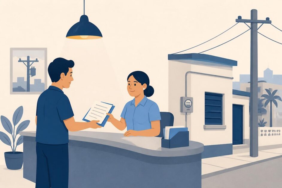 Persona entrega documentos en una oficina para solicitar la conexión eléctrica de una vivienda.
