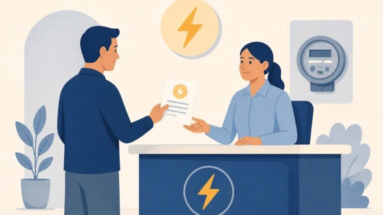 Cliente entrega un recibo pagado a un empleado para reconectar el servicio eléctrico.