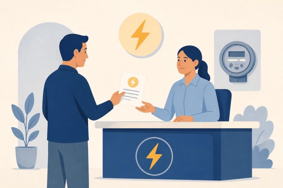 Cliente entrega un recibo pagado a un empleado para reconectar el servicio eléctrico.