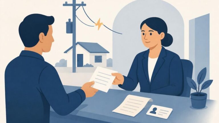 Persona entrega una reclamación en una oficina de atención eléctrica, con una vivienda y un poste al fondo.