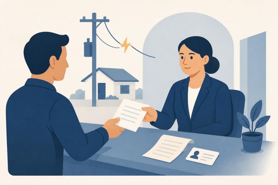 Persona entrega una reclamación en una oficina de atención eléctrica, con una vivienda y un poste al fondo.