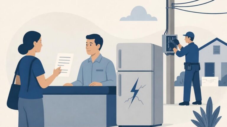 Consumidor entrega una reclamación mientras un técnico revisa una incidencia eléctrica junto a un refrigerador afectado.