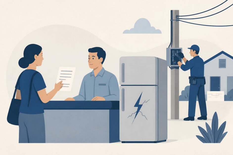 Consumidor entrega una reclamación mientras un técnico revisa una incidencia eléctrica junto a un refrigerador afectado.