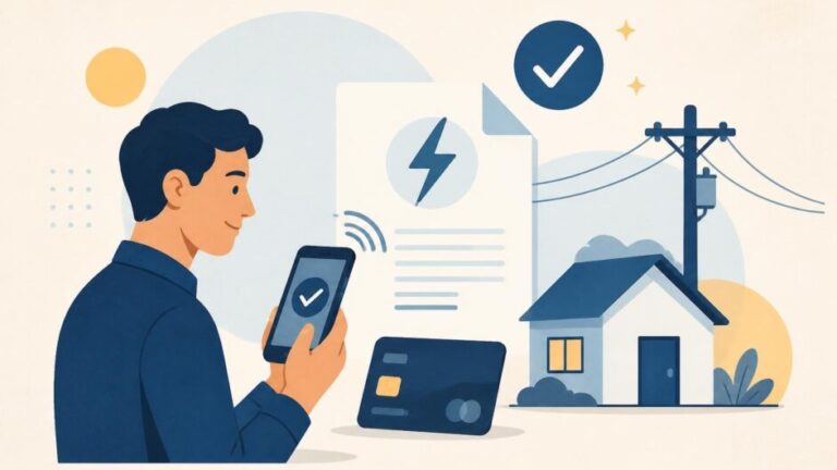 Persona paga una factura eléctrica desde un teléfono junto a una vivienda y un poste eléctrico.