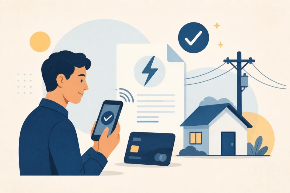 Persona paga una factura eléctrica desde un teléfono junto a una vivienda y un poste eléctrico.