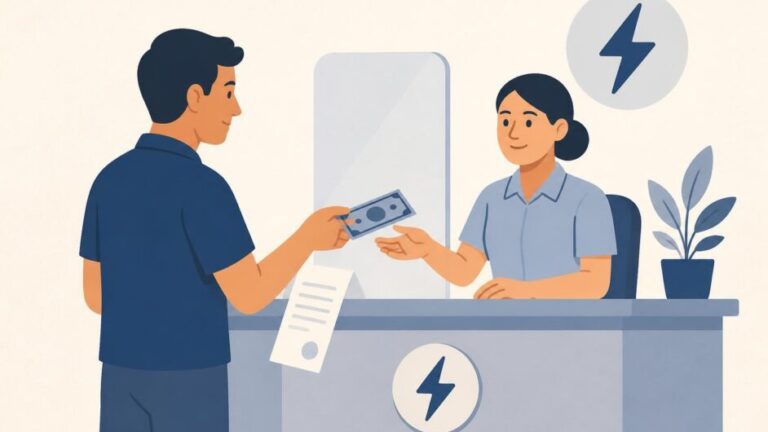Persona realiza un depósito en una oficina comercial para anticipar el pago de electricidad.