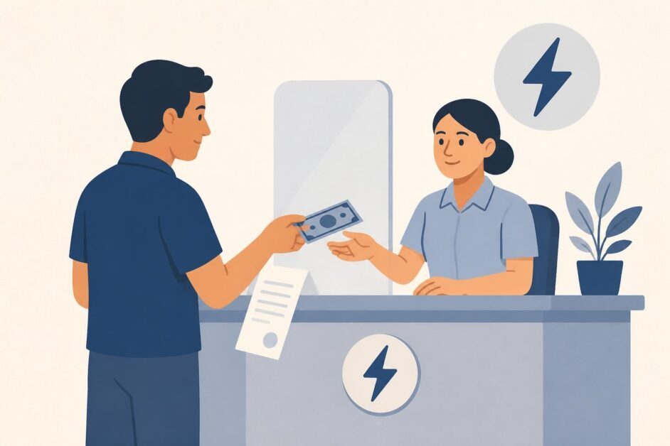 Persona realiza un depósito en una oficina comercial para anticipar el pago de electricidad.