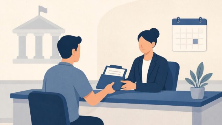 Contribuyente entrega documentos a un funcionario en una oficina tributaria.