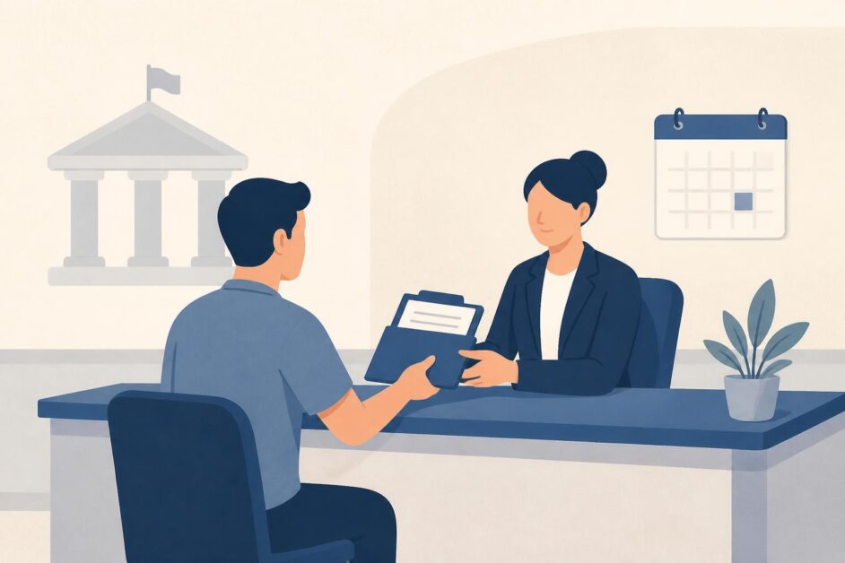 Contribuyente entrega documentos a un funcionario en una oficina tributaria.