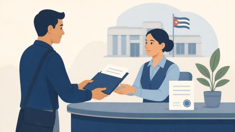 Persona entrega documentos fiscales a una funcionaria en un mostrador de atención pública.