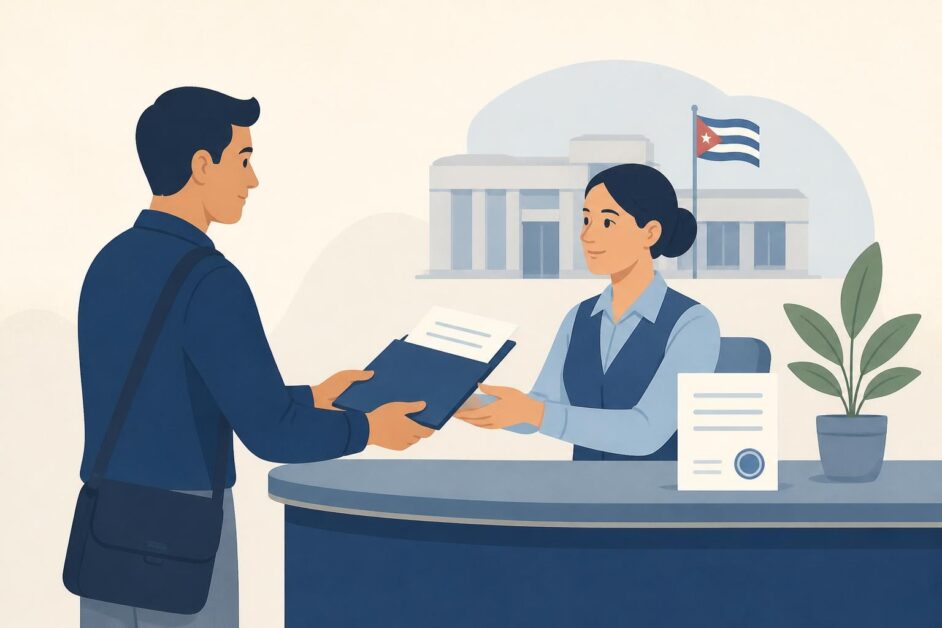 Persona entrega documentos fiscales a una funcionaria en un mostrador de atención pública.