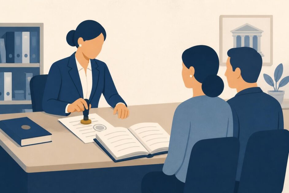 Notaria registra un documento sucesorio en un libro mientras dos familiares esperan.