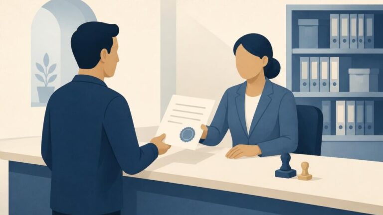 Persona entrega un acta y sellos del timbre a una funcionaria en una oficina registral.