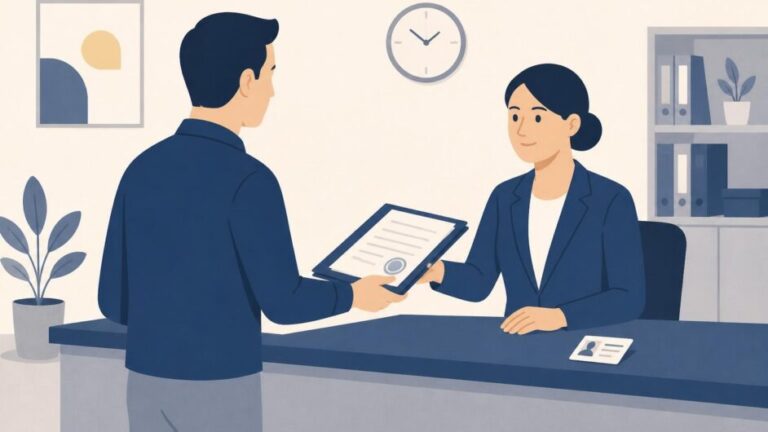 Persona entrega documentos y su identificación en un mostrador de atención para solicitar una traducción oficial.