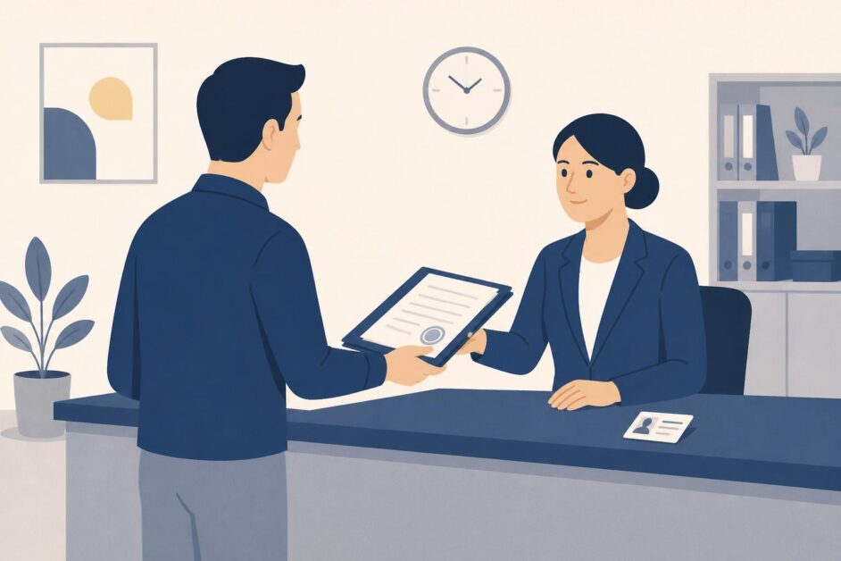 Persona entrega documentos y su identificación en un mostrador de atención para solicitar una traducción oficial.
