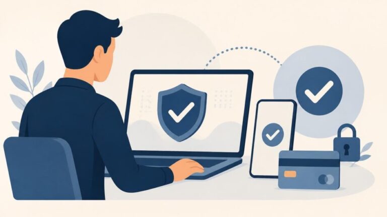 Persona compra una licencia de seguridad informática desde una computadora y confirma el pago con su teléfono móvil.