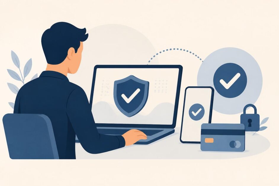 Persona compra una licencia de seguridad informática desde una computadora y confirma el pago con su teléfono móvil.
