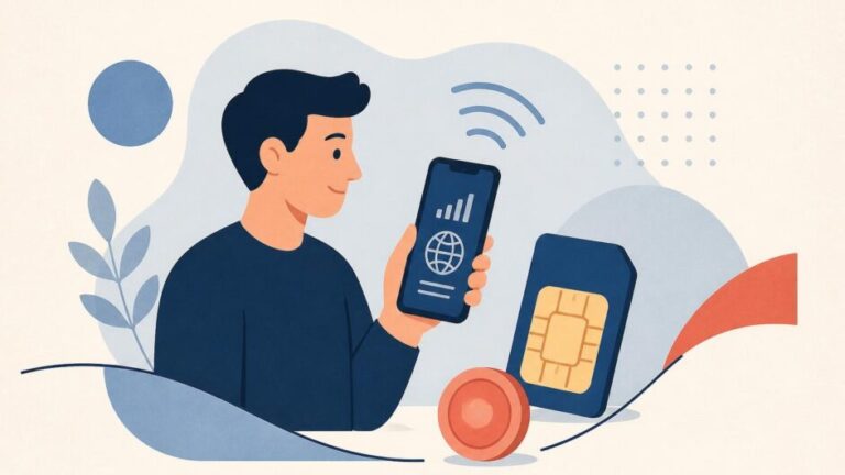 Persona con teléfono móvil y señal de datos junto a una tarjeta SIM.