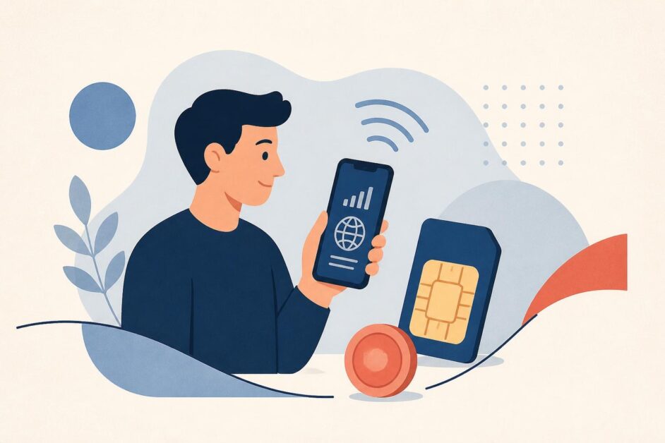 Persona con teléfono móvil y señal de datos junto a una tarjeta SIM.