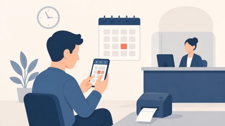 Persona usa un teléfono para reservar un turno junto a un calendario y un mostrador de atención.