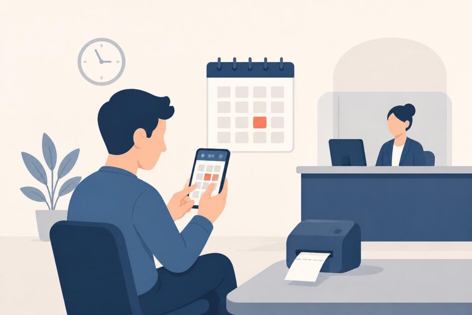 Persona usa un teléfono para reservar un turno junto a un calendario y un mostrador de atención.