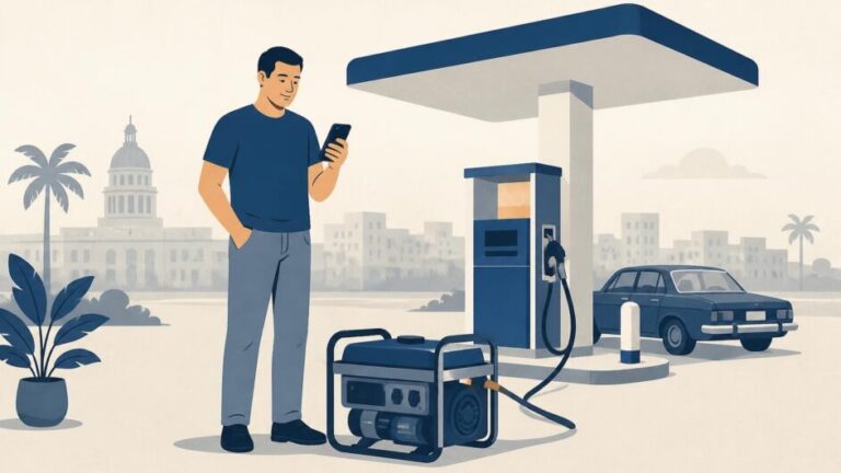 Persona con una planta eléctrica portátil junto a un surtidor de gasolina y un teléfono móvil.