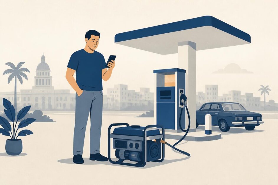 Persona con una planta eléctrica portátil junto a un surtidor de gasolina y un teléfono móvil.