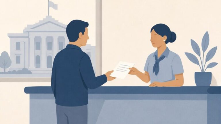 Persona entrega un documento a una trabajadora en una oficina de atención ciudadana.