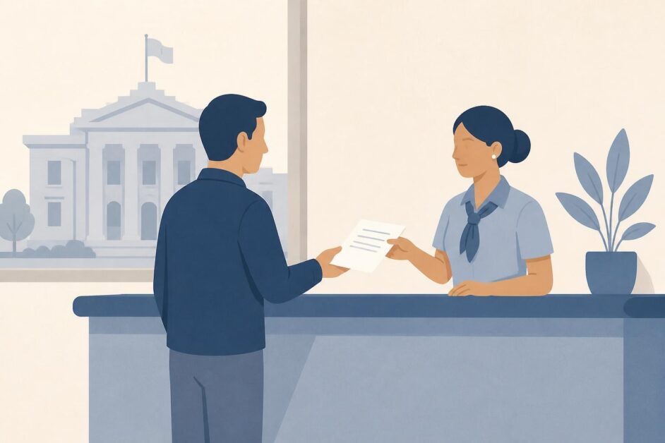Persona entrega un documento a una trabajadora en una oficina de atención ciudadana.
