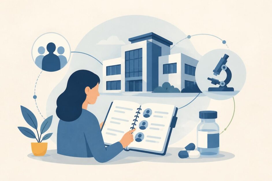 Persona consulta contactos junto a un laboratorio, un microscopio y un frasco de medicamento.