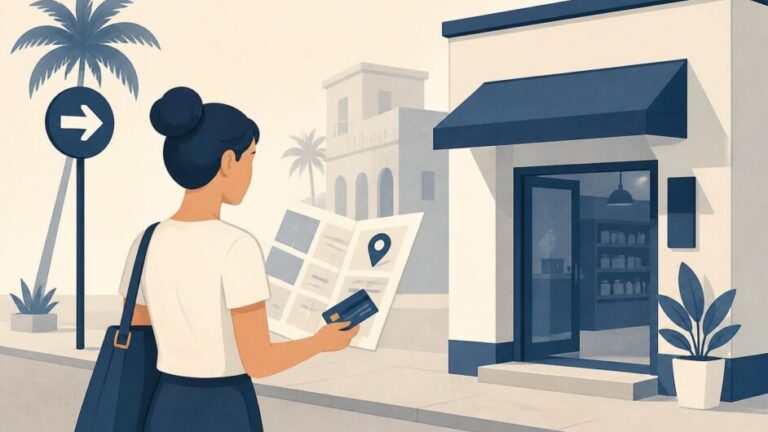 Persona frente a una tienda, con una lista y una tarjeta bancaria en la mano.