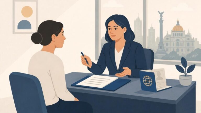 Persona extranjera consulta documentos migratorios con una abogada en una oficina.