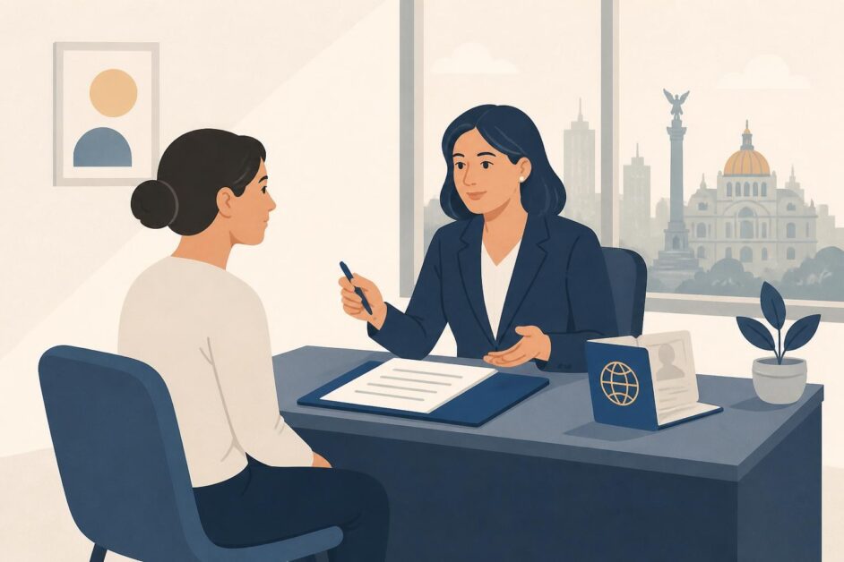 Persona extranjera consulta documentos migratorios con una abogada en una oficina.