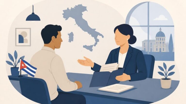 Persona consulta a una profesional legal sobre documentos migratorios en una oficina.