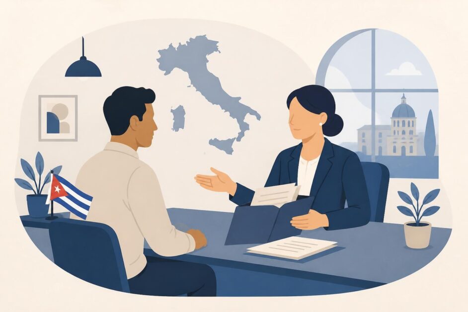 Persona consulta a una profesional legal sobre documentos migratorios en una oficina.