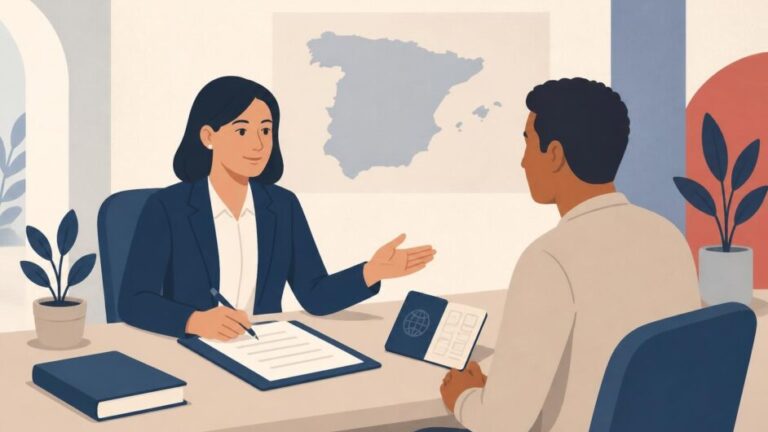 Abogada orienta a una persona sobre documentos de extranjería en una oficina.