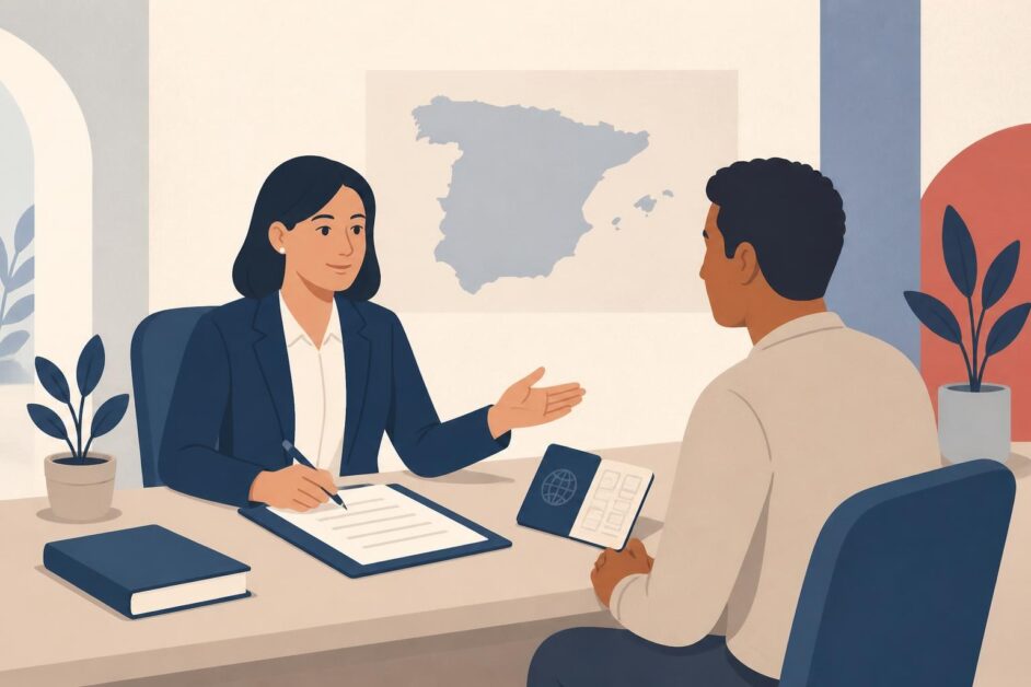 Abogada orienta a una persona sobre documentos de extranjería en una oficina.